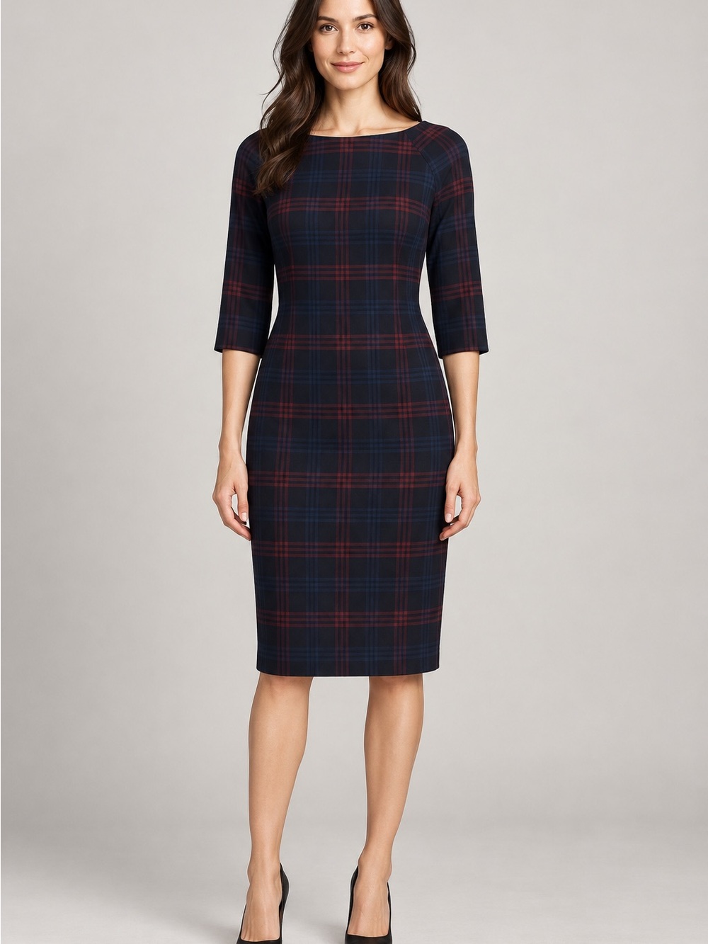 Zara Woman Navy Burgundy Plaid Boat Neck Sheath Dress M